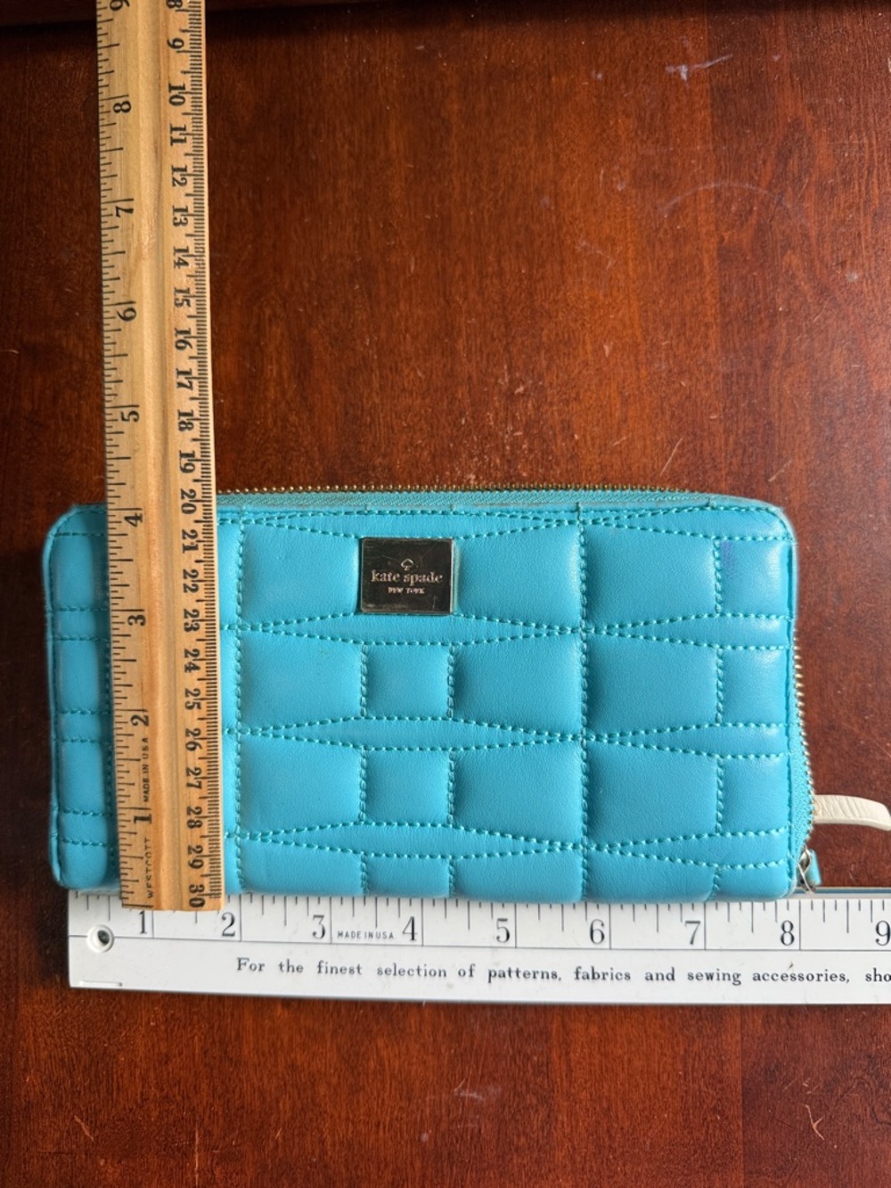 kate spade Teal Quilted Zip Wallet with Logo Plaque - Picture 13 of 13